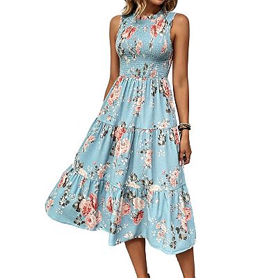 smocked printed sleeveless a line dress Apvirdy Women's Bold Floral Print Smocked Midi Dress Knot Straps High Waist  Sleeveless A Line Swing Dress at Amazon Women's Clothing store