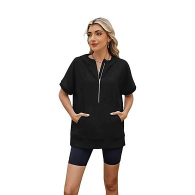 Womens Oversized Hoodies Half Zip Short Sleeve Sweatshirts Loose Casual Pullover Summer Tops Blouse