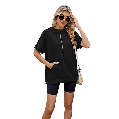 Womens Oversized Hoodies Half Zip Short Sleeve Sweatshirts Loose Casual Pullover Summer Tops Blouse
