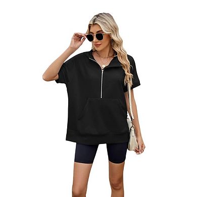 Womens Oversized Hoodies Half Zip Short Sleeve Sweatshirts Loose Casual Pullover Summer Tops Blouse