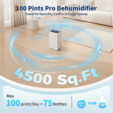 100 Pint Whole House Dehumidifier, 4500 Sq. Ft Quiet High Performance Dehumidifier for Home