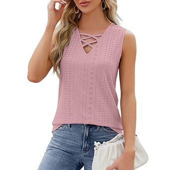 Womens Tank Tops V Neck Sleeveless Flowy Loose Fit Eyelet Basic Casual Summer Tops