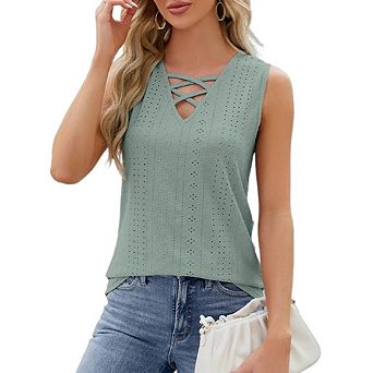 Womens Tank Tops V Neck Sleeveless Flowy Loose Fit Eyelet Basic Casual Summer Tops