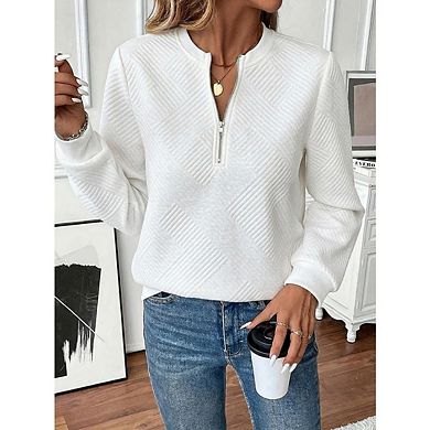 Women's Casual Solid Color Half Zip Long Sleeve Loose Fitting Crew Neck Pullover Sweatshirt