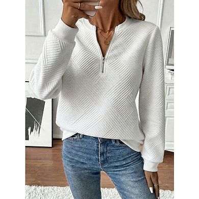 Women's Casual Solid Color Half Zip Long Sleeve Loose Fitting Crew Neck Pullover Sweatshirt