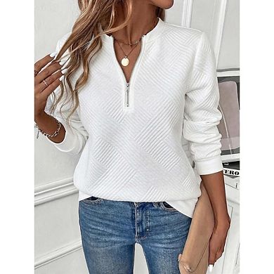 Women's Casual Solid Color Half Zip Long Sleeve Loose Fitting Crew Neck Pullover Sweatshirt