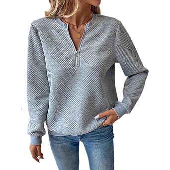 Women's Casual Solid Color Half Zip Long Sleeve Loose Fitting Crew Neck Pullover Sweatshirt