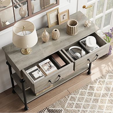 Entryway Table, 39'' Farmhouse Sofa Table with 2 Drawers, Narrow Console Table with 2 open Shelves