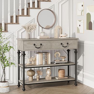 Entryway Table, 39'' Farmhouse Sofa Table with 2 Drawers, Narrow Console Table with 2 open Shelves