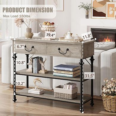 Entryway Table, 39'' Farmhouse Sofa Table with 2 Drawers, Narrow Console Table with 2 open Shelves