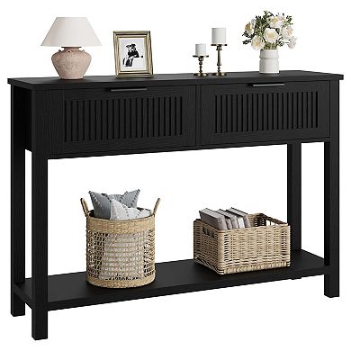 Farmhouse Entryway Table with 2 Drawers,Rataan Console Table,Wooden Sofa Table for Living Room