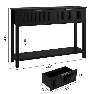 Farmhouse Entryway Table with 2 Drawers,Rataan Console Table,Wooden Sofa Table for Living Room