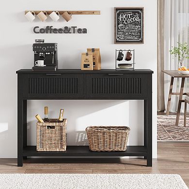 Farmhouse Entryway Table with 2 Drawers,Rataan Console Table,Wooden Sofa Table for Living Room
