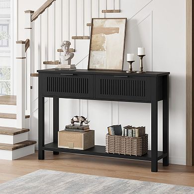 Farmhouse Entryway Table with 2 Drawers,Rataan Console Table,Wooden Sofa Table for Living Room