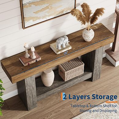Farmhouse Console Table for Living Room,2-Tier Large Sofa Table with Storage, Entryway Entry Table