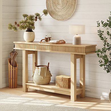 Farmhouse Fluted Console Table,2 Tier Wood Entryway Table with Shelf Storage,Sofa Table Behind Couch