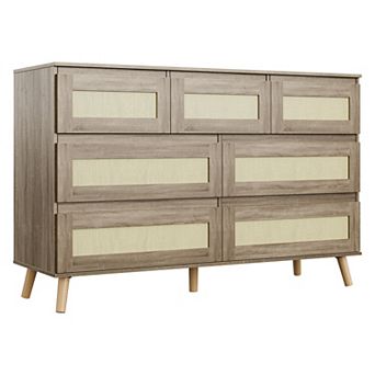 Modern Farmhouse 6 Drawer Dresser with Rattan Wooden Chest of Drawers for Bedroom, Living Room