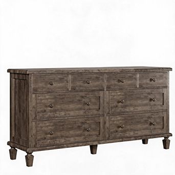 Vintage 8-Drawer Dresser for Bedroom, 59" Long Wooden TV Stand with Carved Handles and Tapered Legs