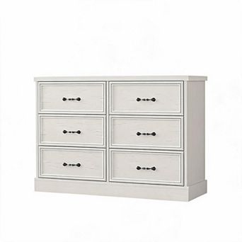 Farmhouse TV Stand for Living Room, Entertainment Center with 6 Storage Drawer & Metal Handle