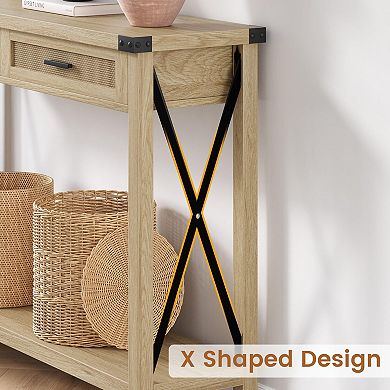 Farmhouse Entryway Table,Console Table with Rattan Drawers,43" Sofa Table with Storage,Console Table