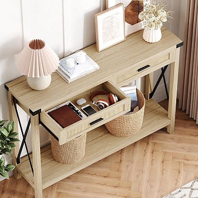 Farmhouse Entryway Table,Console Table with Rattan Drawers,43" Sofa Table with Storage,Console Table