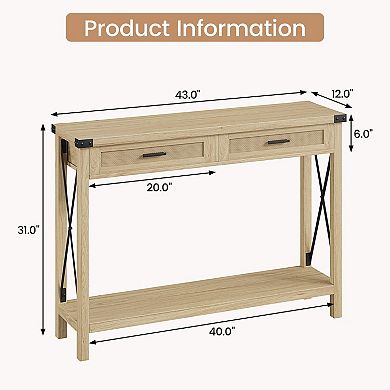 Farmhouse Entryway Table,Console Table with Rattan Drawers,43" Sofa Table with Storage,Console Table