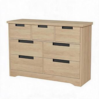 7 Drawer Dresser for Bedroom, Natural Modern Closet Dresser Organizer with Embedded Handles Design
