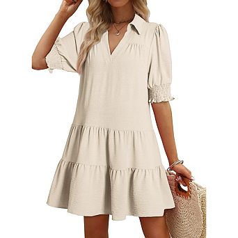 Womens Casual Midi Dresses Lapel Collared V Neck Mid Sleeve Pleated Tiered Summer Dresses