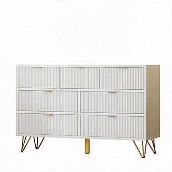 7 Drawer Dresser, 47.2" Wide Modern White Dresser for Bedroom, Wooden Chest of Drawer with Gold Legs