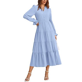 Women's Maxi Dress Long Sleeve v Neck a Line Tiered Flowy Ruffle Boho Dress for Wedding Guest