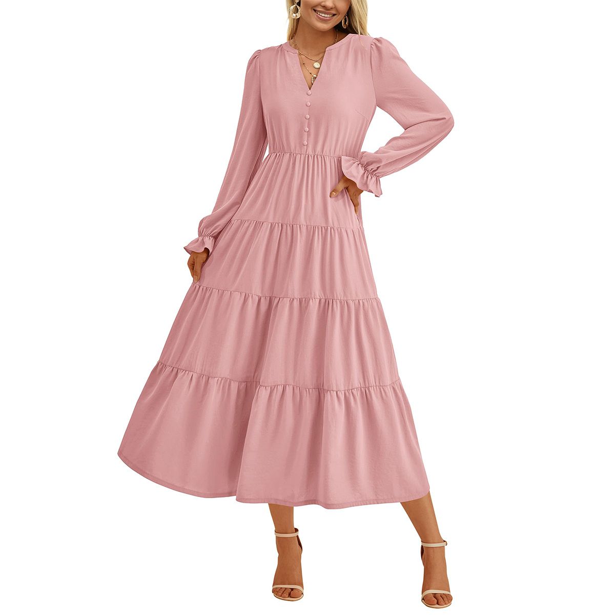 Женские платья Maxi Dress Long Sleeve v Neck a Line Tiered Flowy Ruffle Boho Dress for Wedding Guest