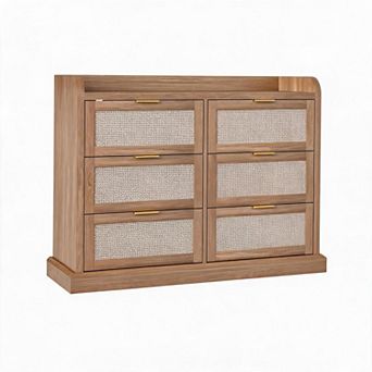 Farmhouse 6 Drawer Dresser, Rattan Chest of Drawers with Spacious Tabletop & Raised Edges