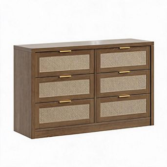 6 Drawer Dresser for Bedroom, 52.7 in Wide Rattan Dresser, Wooden with Gold Handles
