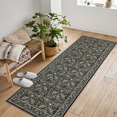 Vintage Floral Washable Area Rugs, Soft Boho Forest Botanical Flower Carpet Thin Non Slip Low Pile