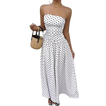 Women's Polka Dot Strapless Midi Dress, Tube Top Flared Casual Dress