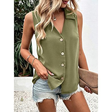 Women's Sleeveless Collared Button-Down Blouse, V-Neck Casual Vest Top