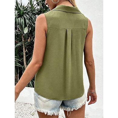 Women's Sleeveless Collared Button-Down Blouse, V-Neck Casual Vest Top