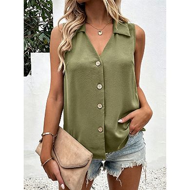 Women's Sleeveless Collared Button-Down Blouse, V-Neck Casual Vest Top