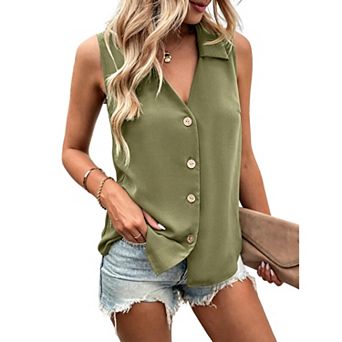 Women's Sleeveless Collared Button-Down Blouse, V-Neck Casual Vest Top