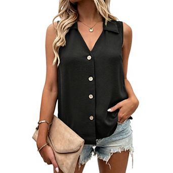 Women's Sleeveless Collared Button-Down Blouse, V-Neck Casual Vest Top