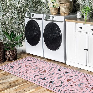 Washable Insect Area Rugs, Butterfly Botanical Boho Non Slip Stain-Resistant Runners Carpet