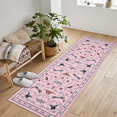 Washable Insect Area Rugs, Butterfly Botanical Boho Non Slip Stain-Resistant Runners Carpet