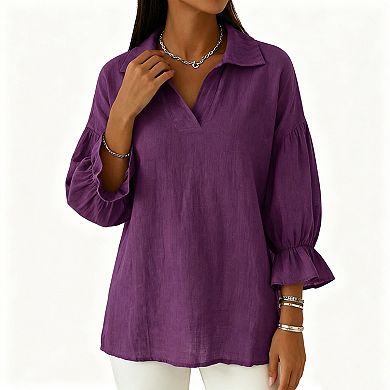 Women’s Collared V-Neck Blouse, 3/4 Bell Sleeve Loose Tunic Top