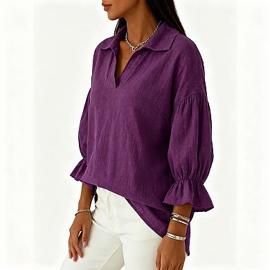 Women’s Collared V-Neck Blouse, 3/4 Bell Sleeve Loose Tunic Top