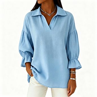 Women’s Collared V-Neck Blouse, 3/4 Bell Sleeve Loose Tunic Top
