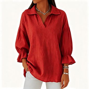 Women’s Collared V-Neck Blouse, 3/4 Bell Sleeve Loose Tunic Top