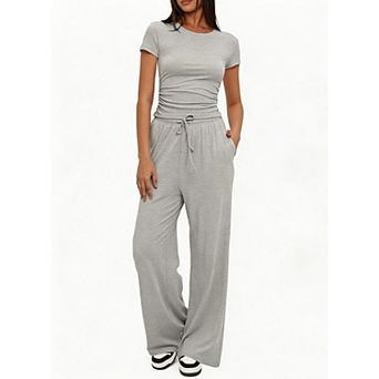 Women's Casual 2 pc Outfit, Ruched Short Sleeve Top & Wide Leg Pants Loungewear Set