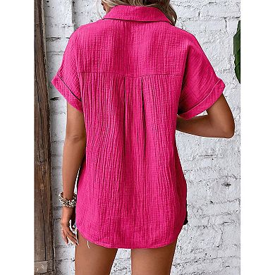 Women's Crinkle Textured Button-Down Shirt, Short Sleeve Collared Casual Blouse