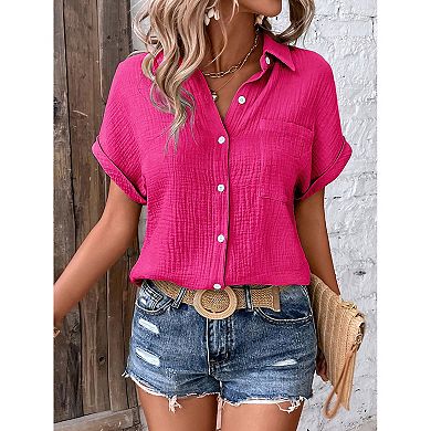 Women's Crinkle Textured Button-Down Shirt, Short Sleeve Collared Casual Blouse
