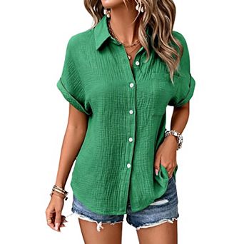 Women's Crinkle Textured Button-Down Shirt, Short Sleeve Collared Casual Blouse